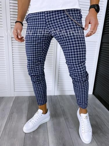 Pantaloni barbati casual regular fit bleumarin in carouri B1589 1-3 E - Idei cadou haine barbati - Pantaloni casual