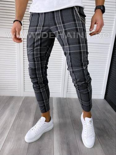 Pantaloni barbati casual regular fit gri inchis in carouri B1877 14-4 E - Idei cadou haine barbati - Pantaloni casual