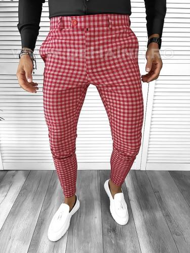 Pantaloni barbati eleganti rosii in carouri B1855 154-7 E F5-3 - Idei cadou haine barbati - Pantaloni eleganti