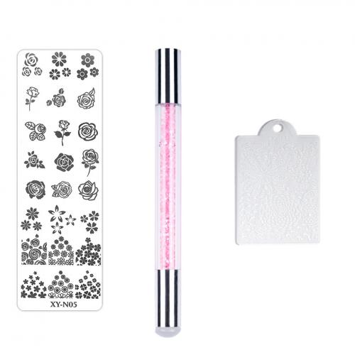 Set 3 in 1 Nail Art - Stampila roz argintiu - Matrita XY- N05 - Racleta - Idei cadou accesorii manichiura - Set Pensule Unghii